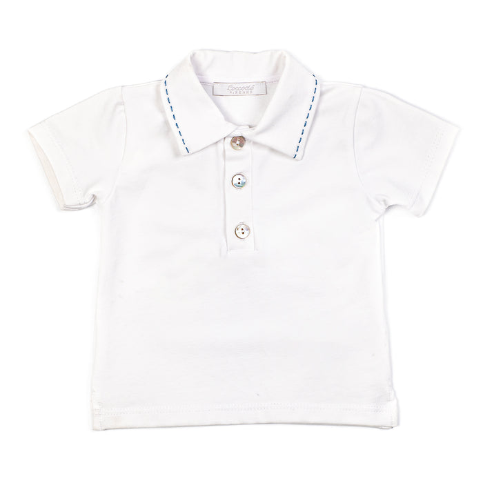White polo shirt with blue trim on a white background