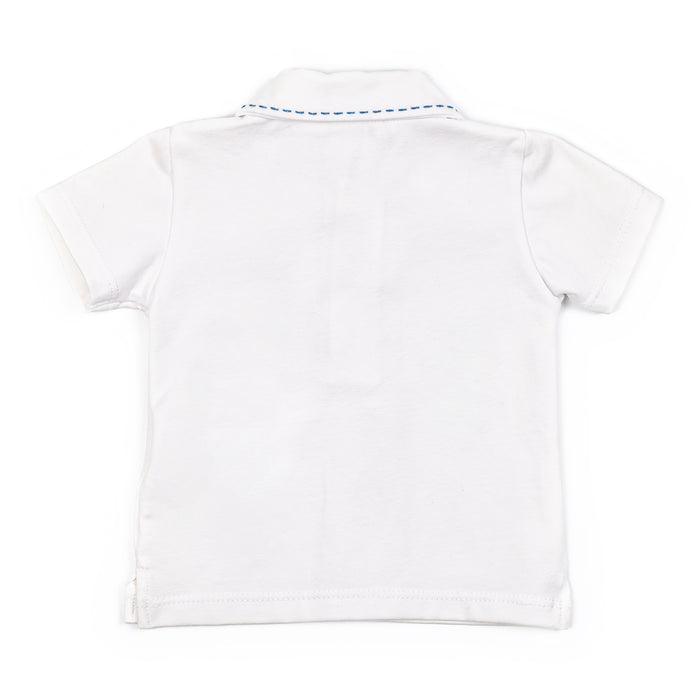 White polo shirt with blue trim on a white background
