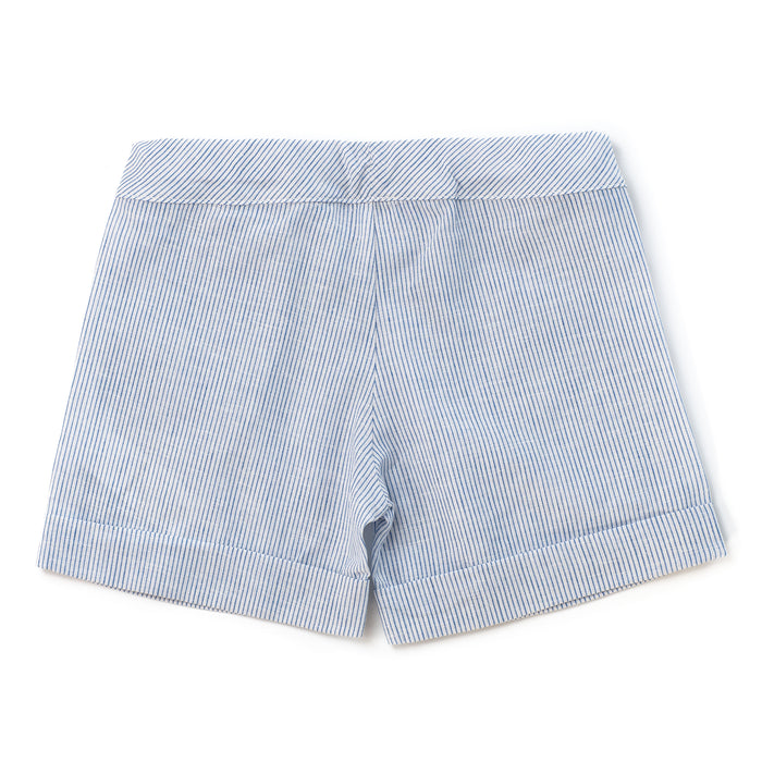 Blue and white striped shorts on a white background