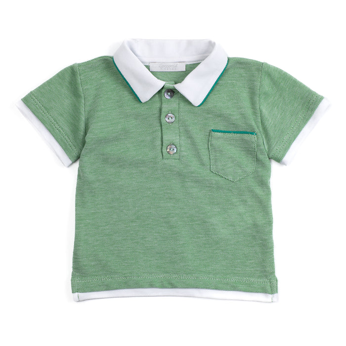 Green polo shirt with white collar on a white background