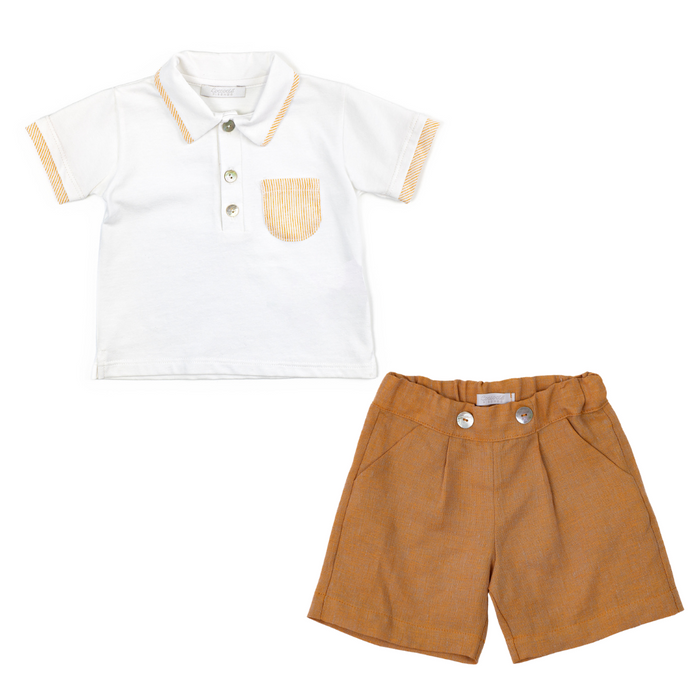 White polo shirt with yellow trim and brown shorts on a white background