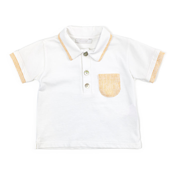 White polo shirt with yellow accents on a white background