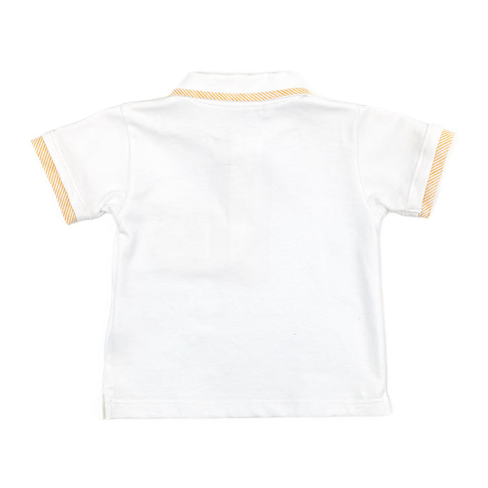 White polo shirt with yellow accents on a white background