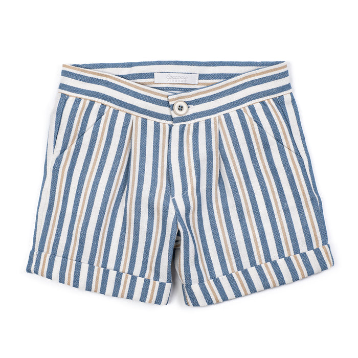 Blue and white striped shorts on a white background