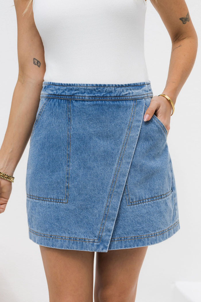 Sienna Denim Mini Skirt - Mid Wash - The Self Styler