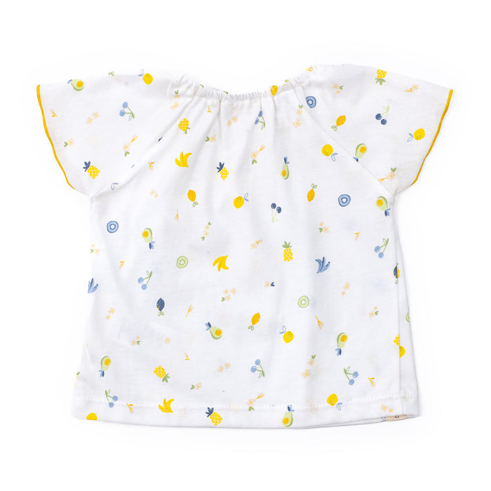Short-sleeve shirt with colorful pattern on a white background