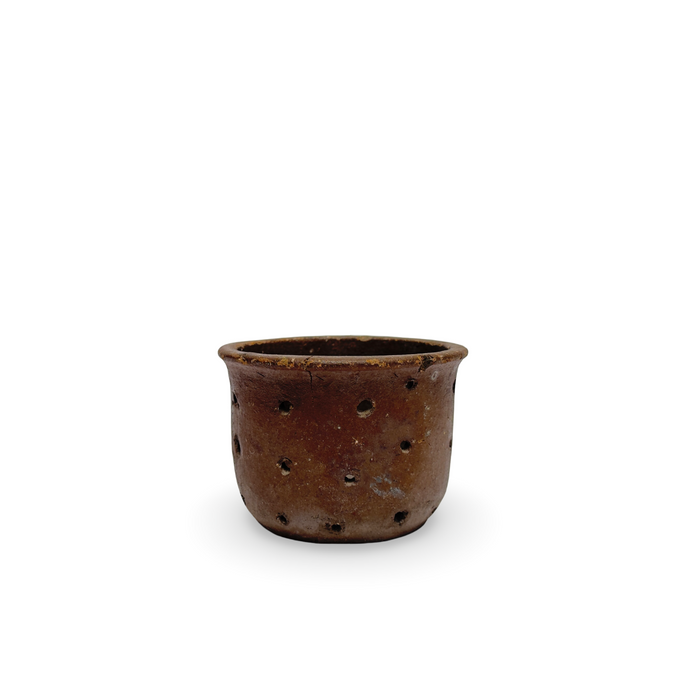 Small antique French cheese mold, round rust-brown metal cup with perforations