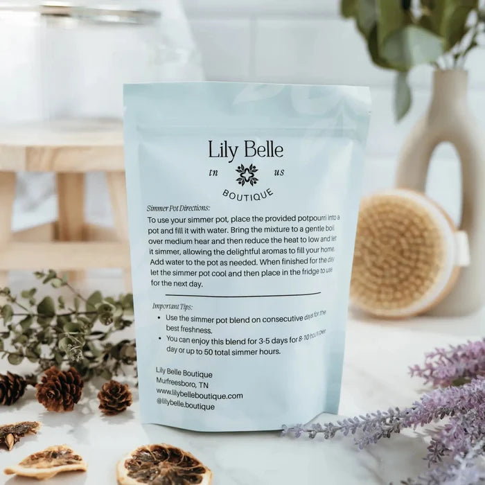 Lily Belle Boutique spa day simmer pot pouch, back label with usage instructions