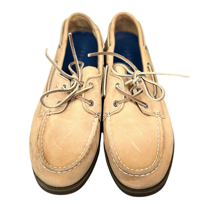 Sperry Kids' Authentic Original slip-on boat shoe in Sahara color, size 5M, featuring classic boat shoe design and casual style.