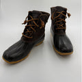 Women's Sperry Top-Sider Saltwater Duck Boots in brown, waterproof leather, size 9.5, with rubber soles and classic design.