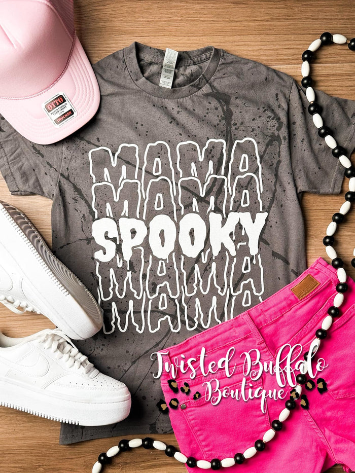 {SPOOKY MAMA} Paint Splatter Charcoal Gray Crew Neck Tee