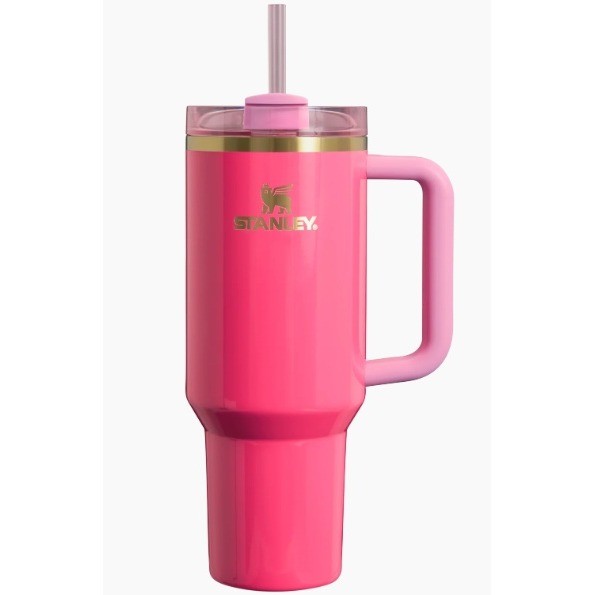 Pink Stanley Quencher H2.0 FlowState™ 40 oz tumbler with lid, featuring a sleek design and durable construction.