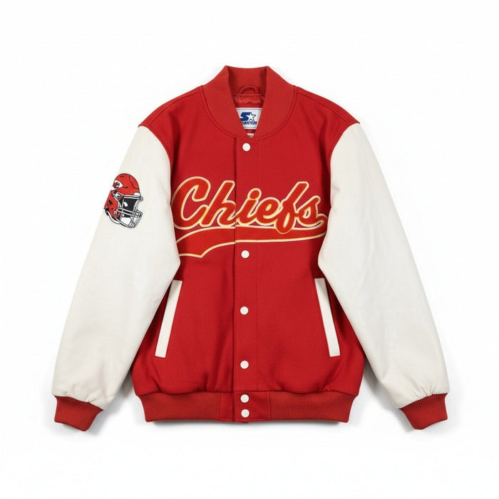 Men's Starter Kansas City Chiefs quilted lined embroidered varsity jacket with team logo and striped cuffs.