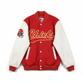 Men's Starter Kansas City Chiefs quilted lined embroidered varsity jacket with team logo and striped cuffs.
