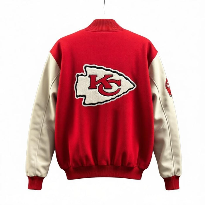 Men's Starter Kansas City Chiefs quilted-lined embroidered varsity jacket, featuring team logo and varsity style details.