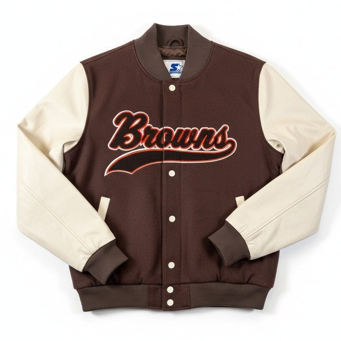 NFL Cleveland Browns men's varsity jacket with quilted lining, large size, featuring team logo and classic varsity style.