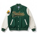 NFL Green Bay Packers men's varsity jacket with quilted lining, featuring team logo and green and yellow colors, size large.