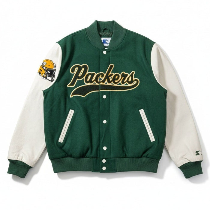 NFL Green Bay Packers men's varsity jacket with quilted lining, featuring team logo and green and yellow colors, size large.