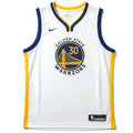 Nike Stephen Curry Golden State Warriors youth white swingman jersey, size XL, featuring team logo and player details.