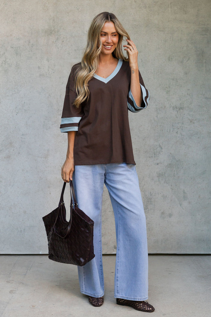 Stevie Relaxed-Fit V-Neck Tee - Blue and Chocolate