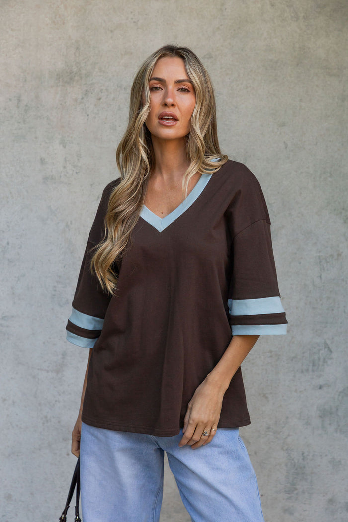 Stevie Relaxed-Fit V-Neck Tee - Blue and Chocolate