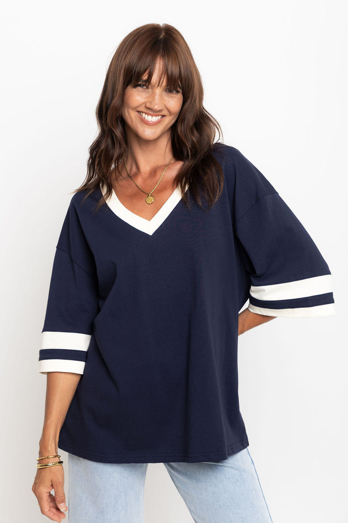 Stevie Relaxed-Fit V-Neck Tee - Navy and Butter - The Self Styler