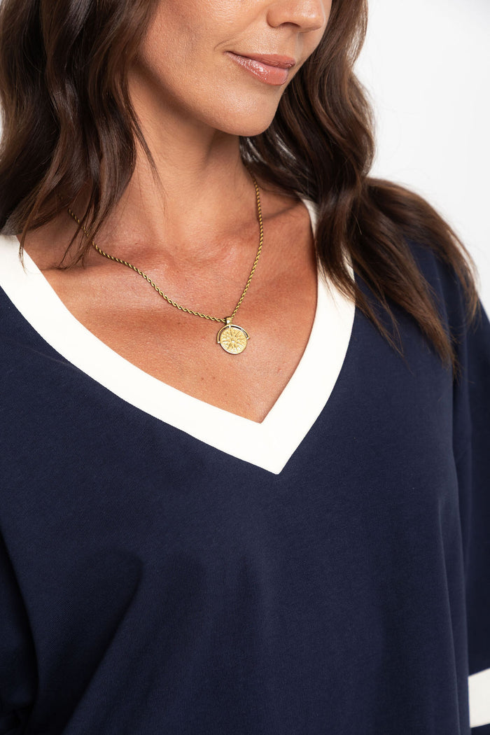 Stevie Relaxed-Fit V-Neck Tee - Navy and Butter - The Self Styler