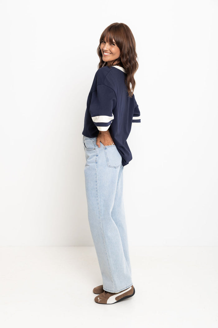 Stevie Relaxed-Fit V-Neck Tee - Navy and Butter - The Self Styler