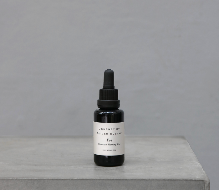 Fragrance refill oil bottle with black dropper, label 'Eos'.