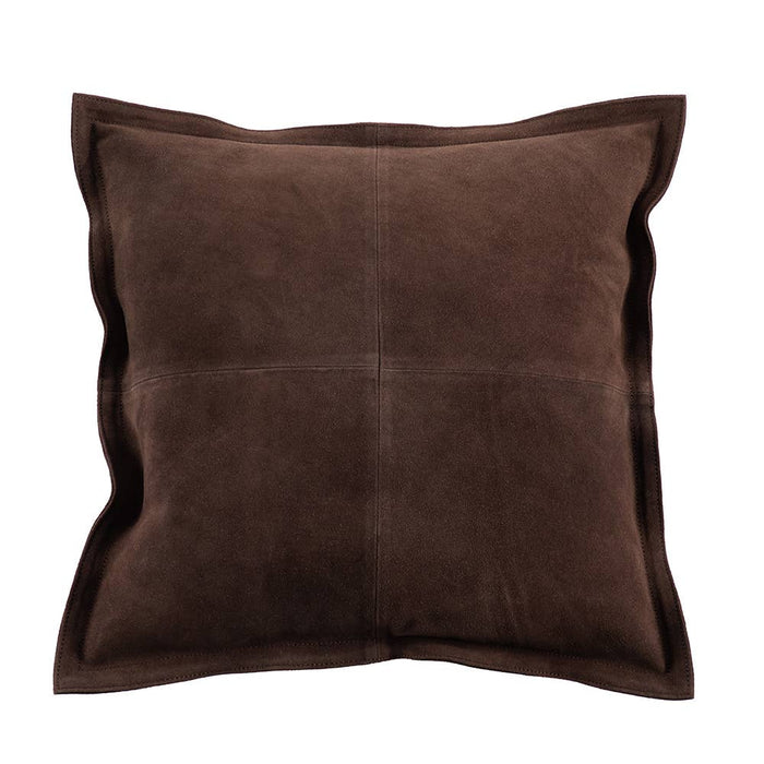 Brown suede square decorative pillow with stitched border and central seam