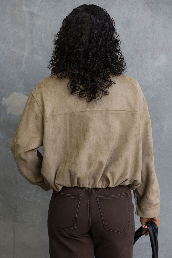 Suki Suede Look Bomber Jacket - Light Khaki