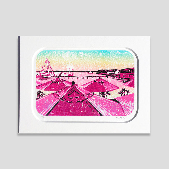 Sunset at the Pony block print created by Natalia Wohletz of Peninsula Prints. Mackinac Island's iconic Pink Pony restaurant and bar is a favorite of sailors, tourists and locals.   The patio serves up great views of ferry boats, sailboats and yachts in the harbor.