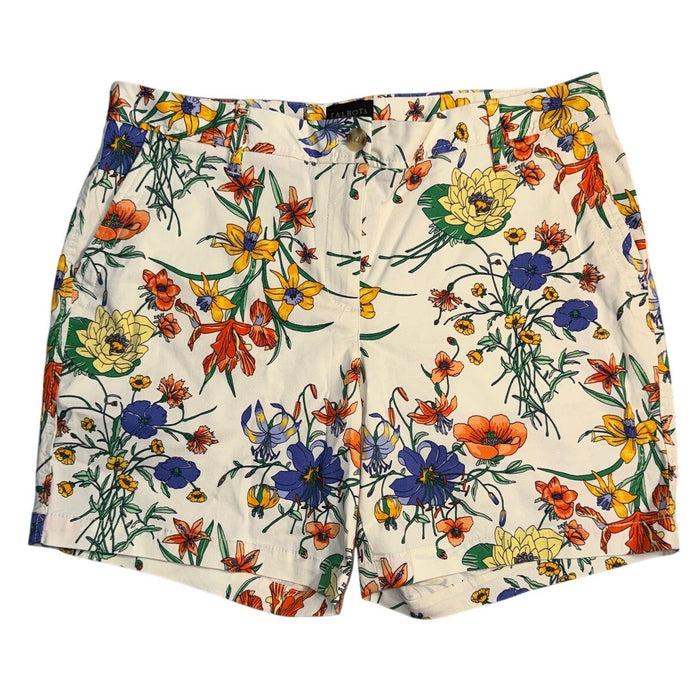 Talbots women's floral print relaxed chino shorts in size 8 petite with 6-inch inseam, shown on a model.