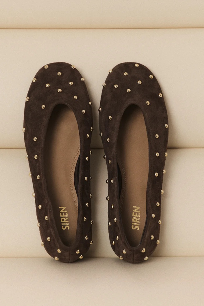 Tasmin Stud Ballet Flats - Chocolate Brown Suede