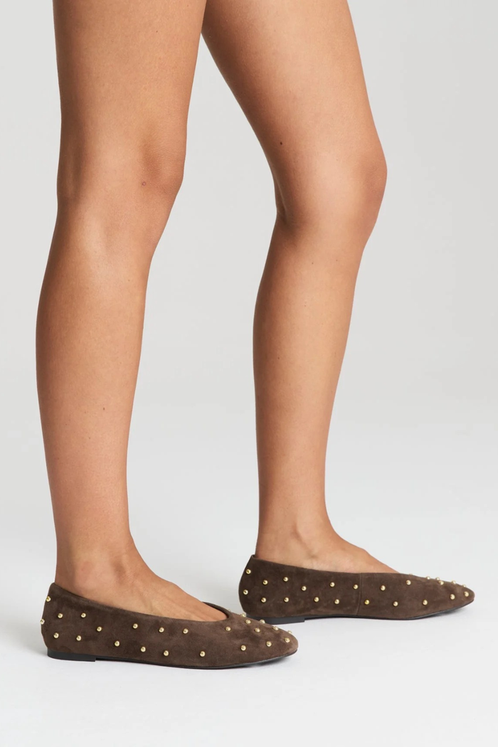 Tasmin Stud Ballet Flats - Chocolate Brown Suede