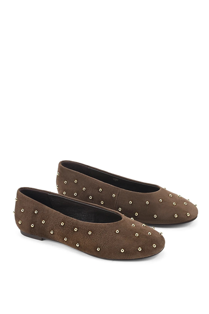 Tasmin Stud Ballet Flats - Chocolate Brown Suede