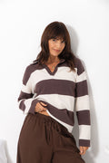 Taylor Rugby Stripe Polo Knit - Chocolate and Cream