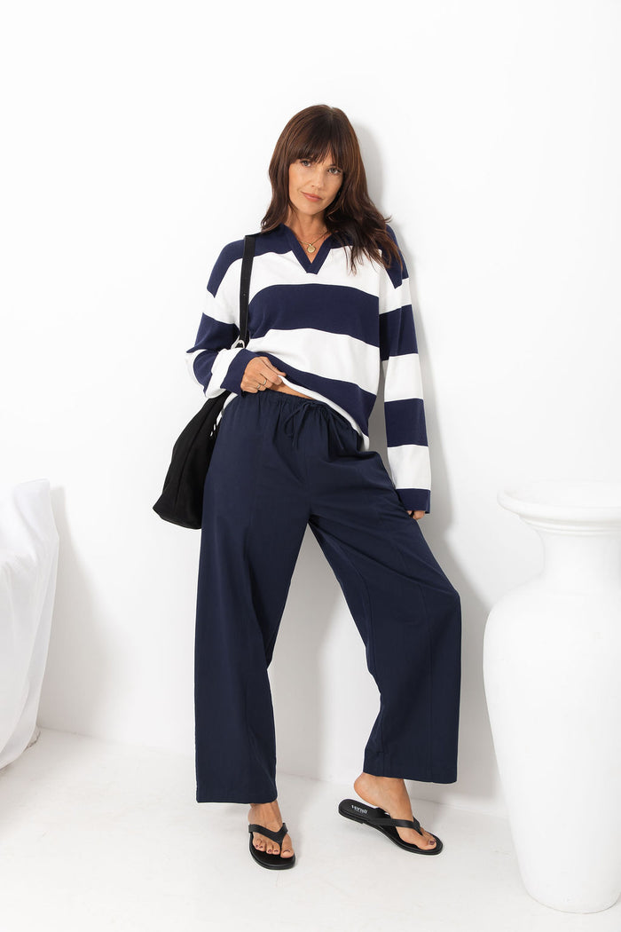 Taylor Rugby Stripe Polo Knit - Navy and Cream
