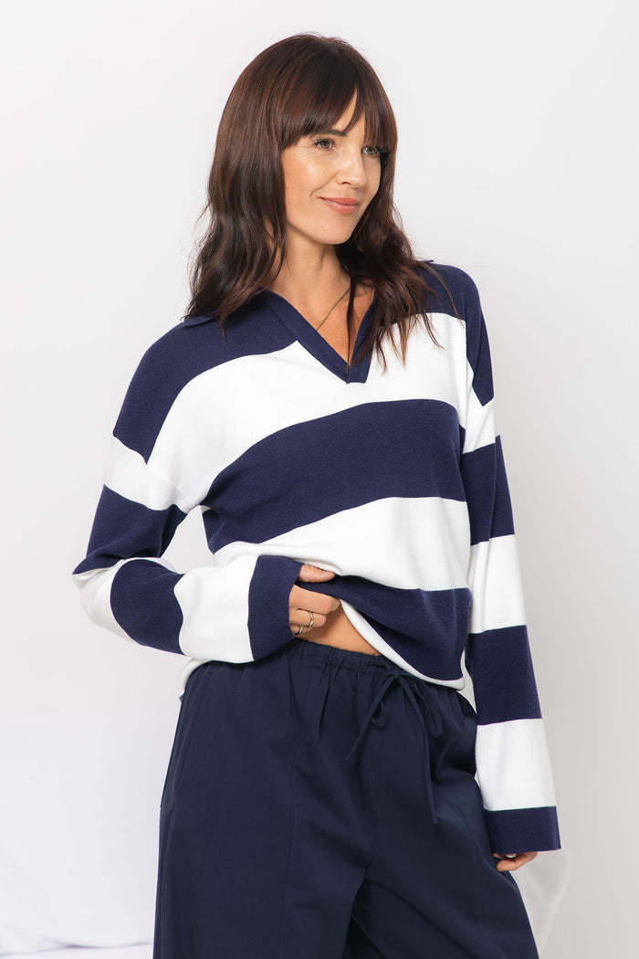 Taylor Rugby Stripe Polo Knit - Navy and Cream