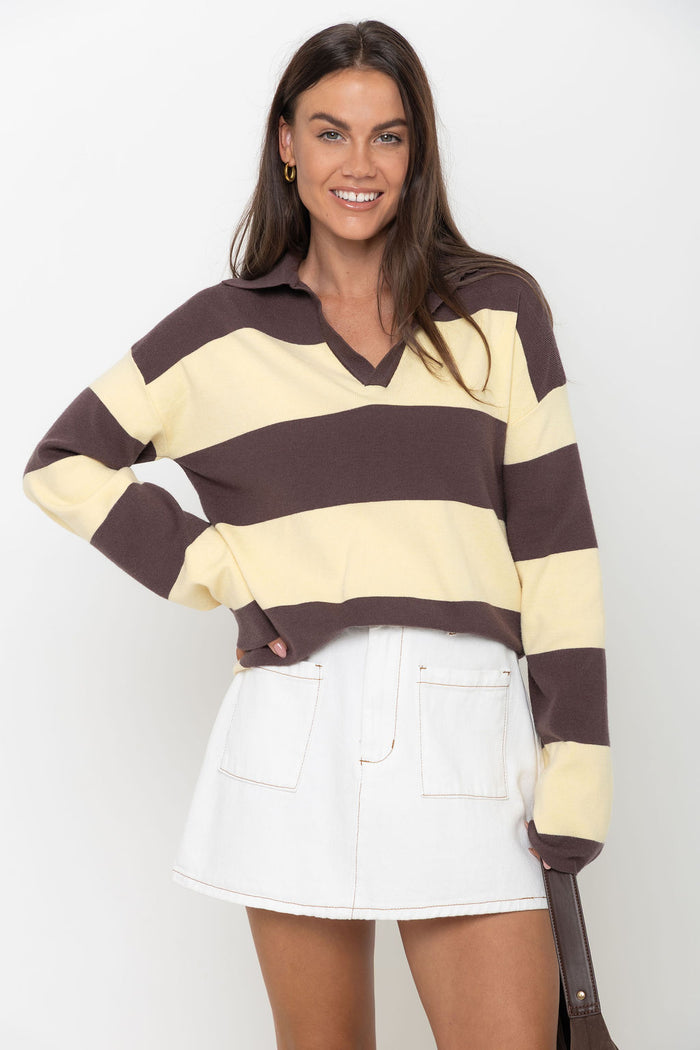 Taylor Rugby Stripe Polo Knit - Yellow & Chocolate