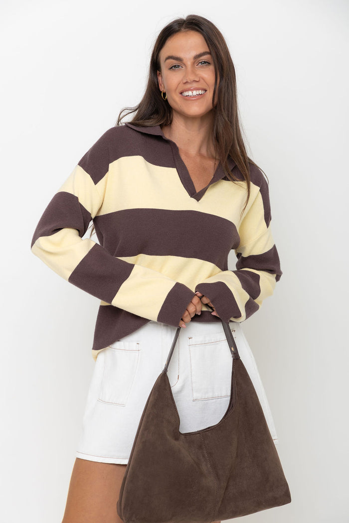 Taylor Rugby Stripe Polo Knit - Yellow & Chocolate
