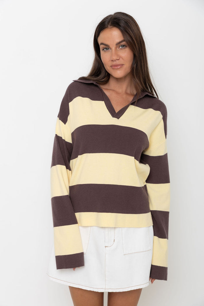Taylor Rugby Stripe Polo Knit - Yellow & Chocolate