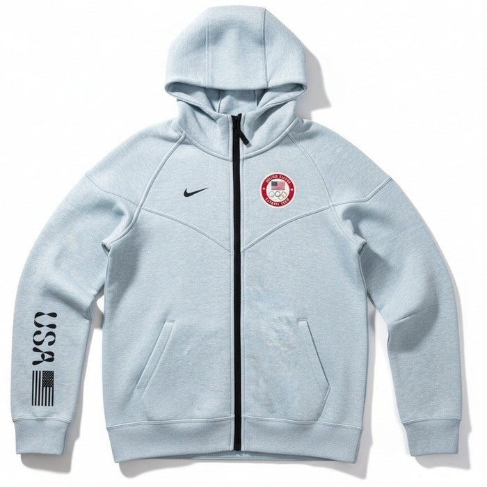 Nike Tech Fleece Windrunner Hoodie in gray with Team USA Paralympic 2024 branding, featuring a hood and Nike logo.