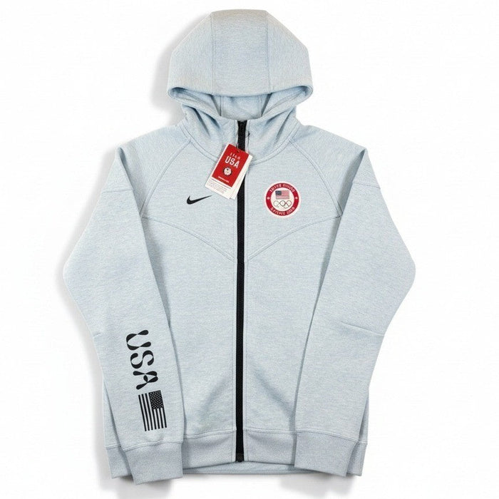 Nike Tech Fleece Windrunner Hoodie in gray, featuring Team USA Paralympic 2024 branding, with a hood and athletic fit.