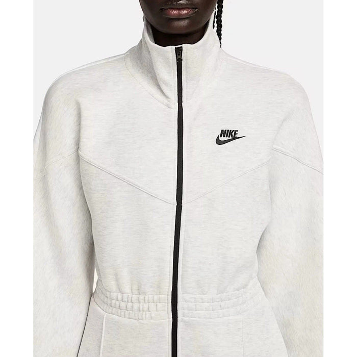 Nike Tech Fleece Windrunner jumpsuit in grey, front view showing the fitted jumpsuit with Nike logo and sleek design details.