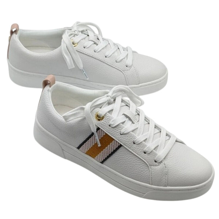 Ted Baker Bailey Icon leather sneakers in pink and white, size 7/8.5, featuring stylish design and branded accents.