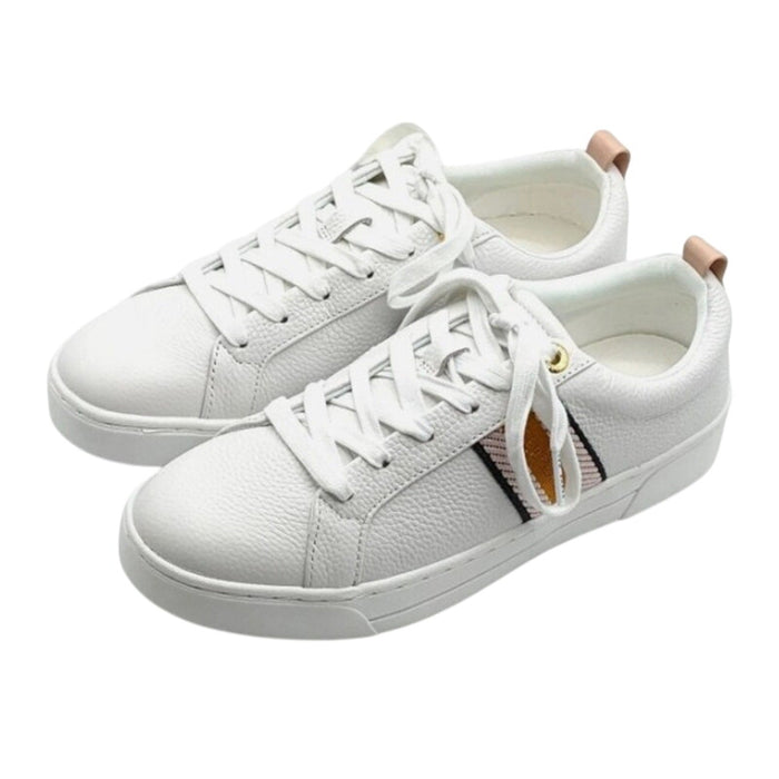 Ted Baker Bailey Icon pink and white leather sneakers with white laces, size 7/8.5, casual footwear for stylish comfort.