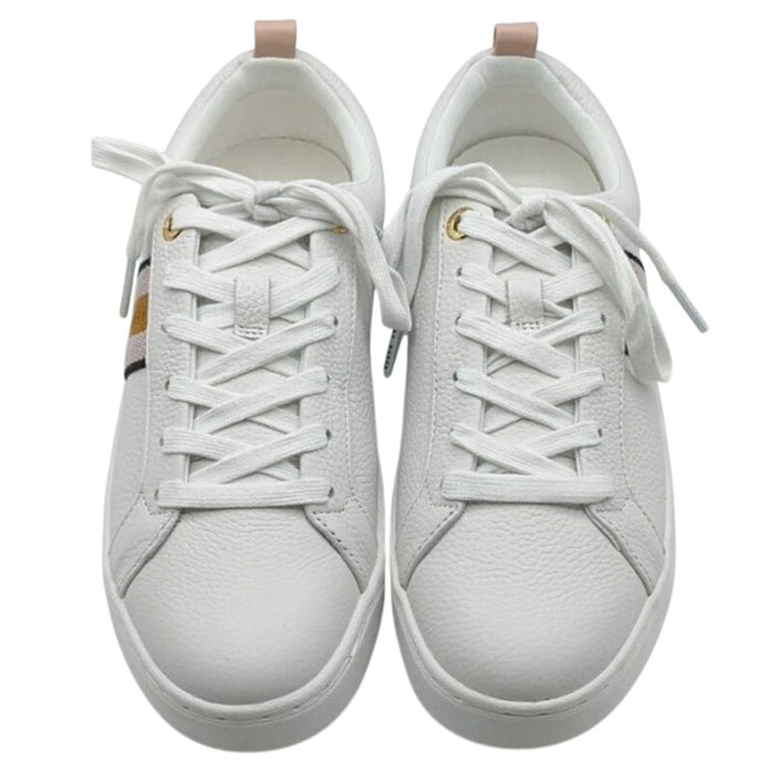 Pink and white Ted Baker Bailey Icon leather sneakers in size 7/8.5, featuring stylish design and comfortable fit.