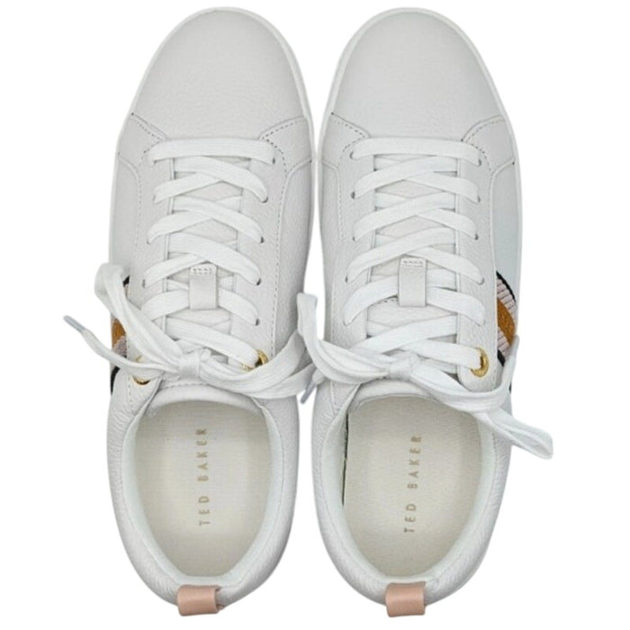 Pink and white Ted Baker Bailey Icon leather sneakers, size 7/8.5, with stylish design and casual athletic look.