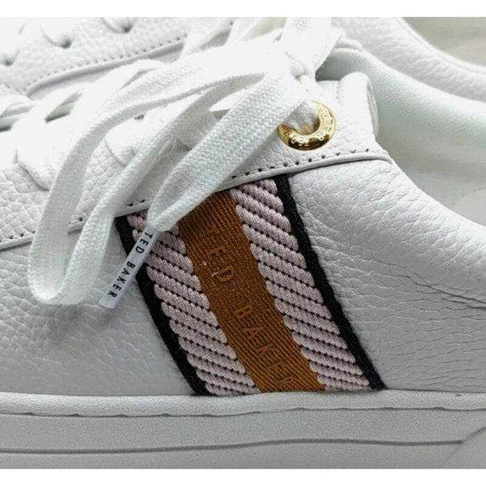 Pink and white Ted Baker Bailey Icon leather sneakers with sporty design, size 7/8.5, featuring stylish stitching and branding.